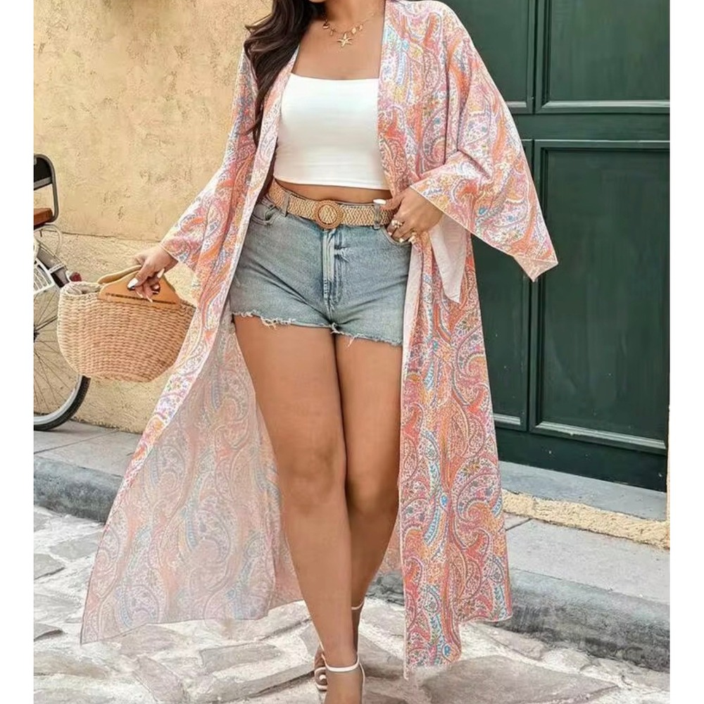 Pink Paisley Kimono Wrap Women 3XL Orange New Longline Open Front YBD2015